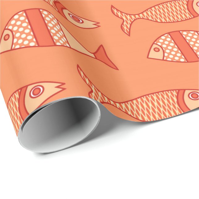 Papier Cadeau Poisson moderne rétro, Corail clair Orange & Tange (Coin rond)