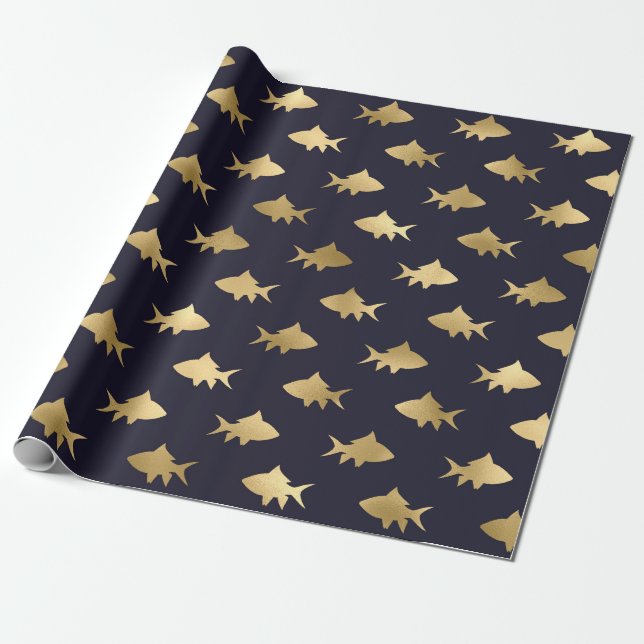 Papier Cadeau Poisson noir et or de style nautique (Déroulé)