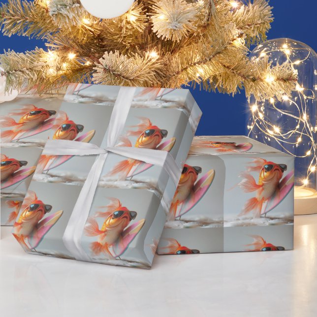 Papier Cadeau Poisson rouge cool surfant sur une vague (Vacances)