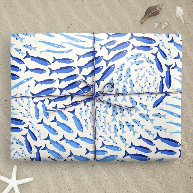 Papier Cadeau Poissons de l'océan bleu nageant - Clair (Blue Swimming Ocean Fish - Light wrapping paper gift mockup)