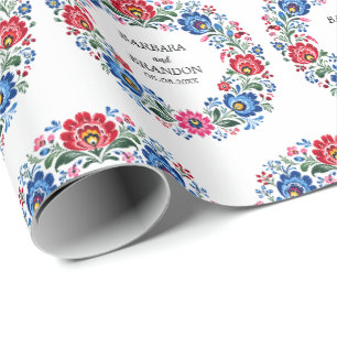 Papier Cadeau Polaire folklorique Polska Floral Traditionnel Vin