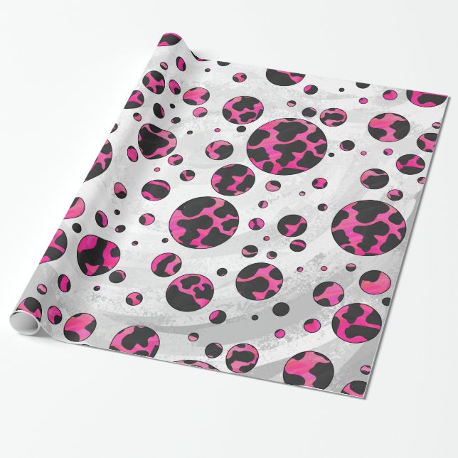 Papier Cadeau Polka Dot Cow Hot Rose et Black Print (Déroulé)