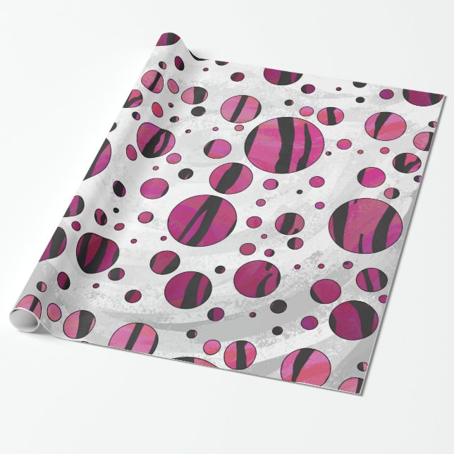 Papier Cadeau Polka Dot Tiger rose chaud et noir (Déroulé)