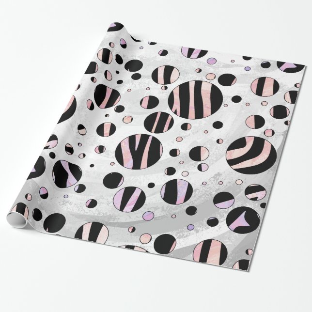 Papier Cadeau Polka Dot Zebra noir et rose (Déroulé)