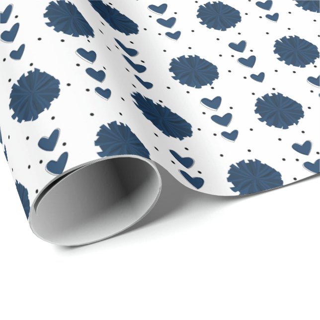 Papier Cadeau Pom-pom girl bleu marine Pom Poms & Coeurs Motif (Coin rond)