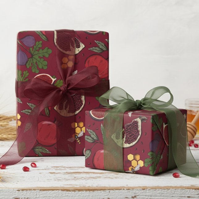 Papier Cadeau Pomegranates, Figs and Honey Bees Burgundy (Modern Burgundy Fruit Wrapping Paper.  Pretty Pomegranates, Figs & Bees Pattern for Jewish New Year.)
