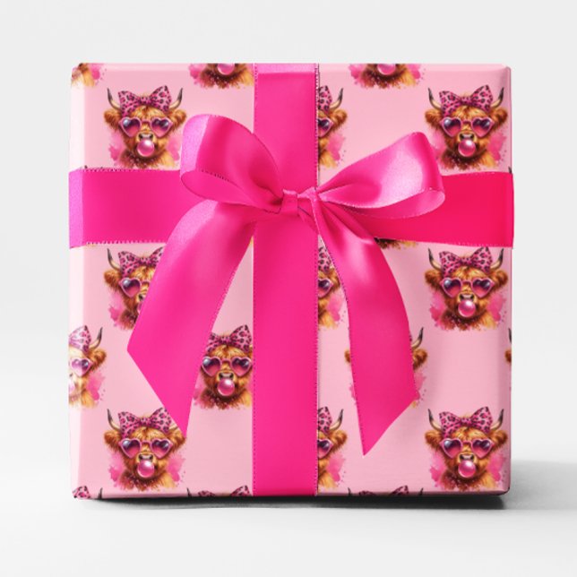 Papier Cadeau Pomme à bulle rose gomme Vache des hautes terres (Pink Bubble Gum Bubble Highland Cow Gift Wrap)