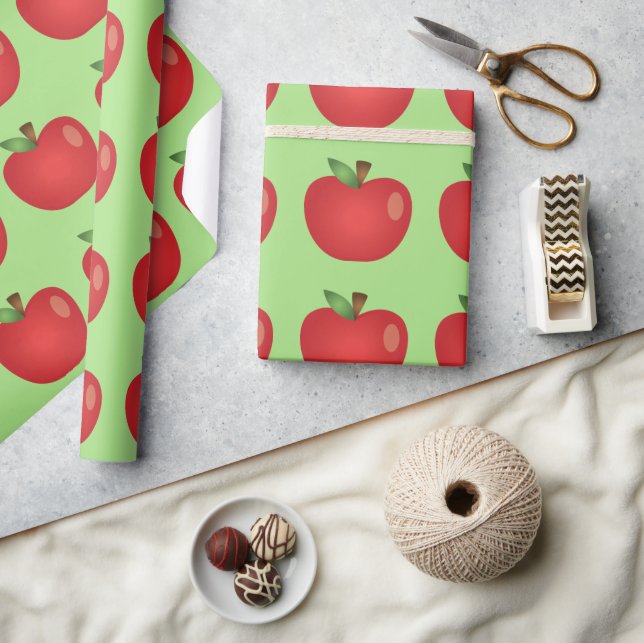 Papier Cadeau Pomme de dessin animé rouge sur fond vert (Artisanat)