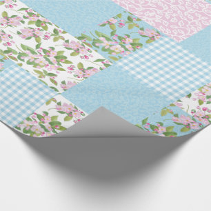 Papier Cadeau Pomme Fleur Rose, Bleu, Vert Faux Patchwork