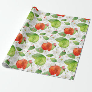 Papier Cadeau Pommes aquarelles. Fruits verts et rouges. Jardin