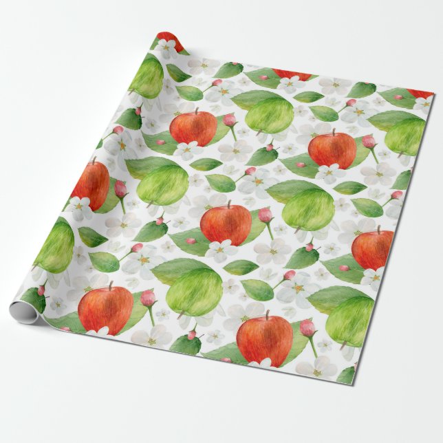 Papier Cadeau Pommes aquarelles. Fruits verts et rouges. Jardin (Déroulé)