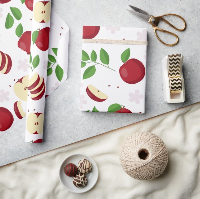 Papier Cadeau Pommes rouges, fleurs et Motif de verdure (Artisanat)