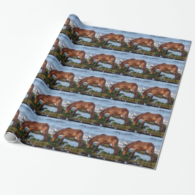 Papier Cadeau Poney du sud de Devon Dartmoor mangeant l'algue (Déroulé)