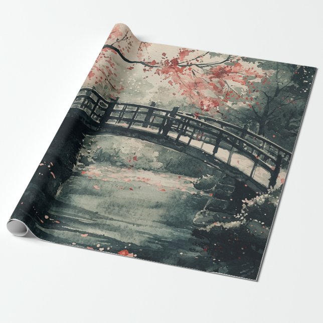Papier Cadeau Pont Cherry Blossom Sumi-E Paysage (Déroulé)