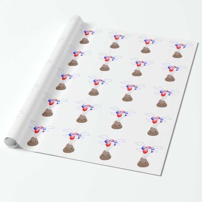 Papier Cadeau Poo Emoji Voler Avec Ballons (Déroulé)