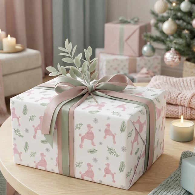 Papier cadeau Poodle Rose pastel Noël (Créateur téléchargé)