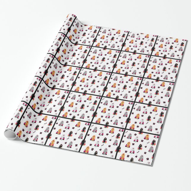 Papier Cadeau Poodles rétro au téléphone (Déroulé)