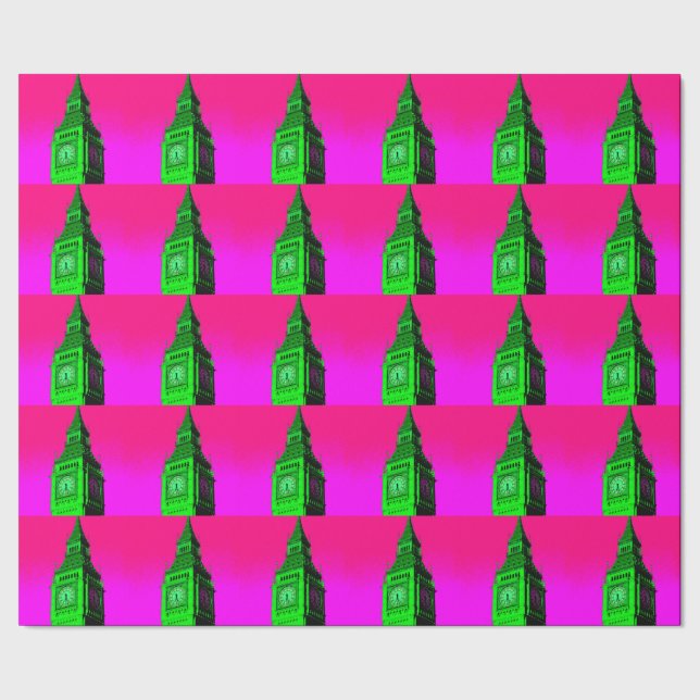 Papier Cadeau Pop Art Big Ben Londres Voyage rose Vert (Couture)