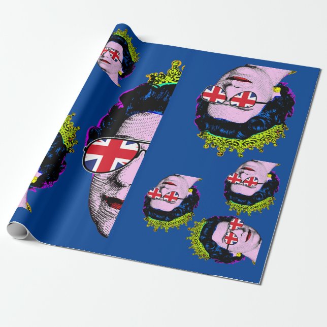Papier Cadeau Pop art Moderne HM Queen avec lunettes Union Jack  (Déroulé)
