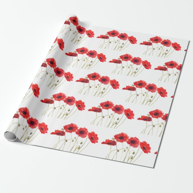 Papier Cadeau Poppies aquarelle fleurs rouges fleurs florales fl (Déroulé)