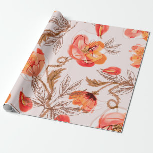 Papier Cadeau Poppies Flowers Seamless Pattern on a Beige Backgr