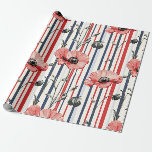 Papier Cadeau Poppies rouges avec Feuilles bleus et Motif rayé