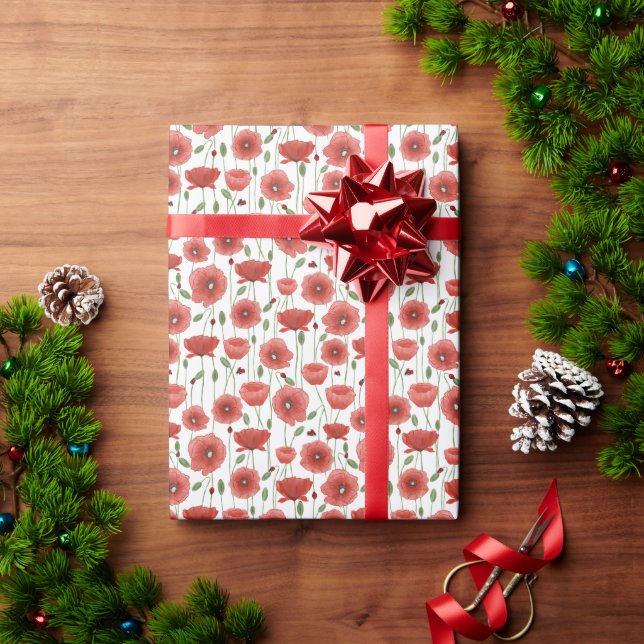 Papier Cadeau Poppies rouges et Ladybugs (Cadeau de vacances)