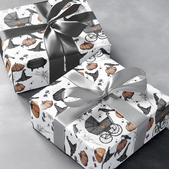 Papier Cadeau Porte-bébé gothique Halloween (Gothic Spooky yet Elegant Victorian Baby Carriage Halloween Wrapping Paper. Hand-Drawn in Black Ink.)