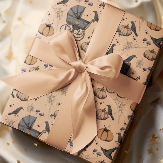 Papier Cadeau Porte-bébé gothique orange Halloween (Orange Spooky yet Elegant Victorian Baby Carriage Halloween Wrapping Paper. Hand-Drawn in Black Ink.)