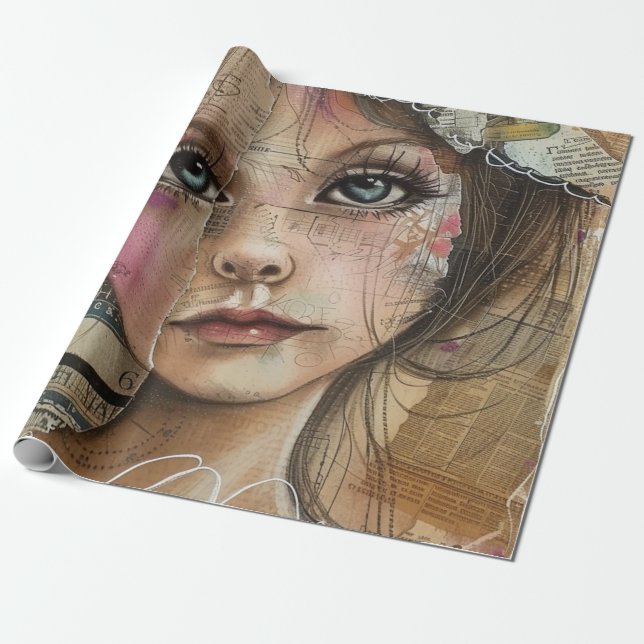 Papier Cadeau Portrait d'art en collage multimédia (1) (Déroulé)
