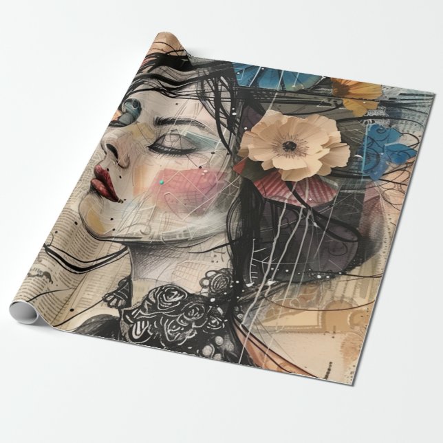 Papier Cadeau Portrait d'art en collage multimédia (2) (Déroulé)