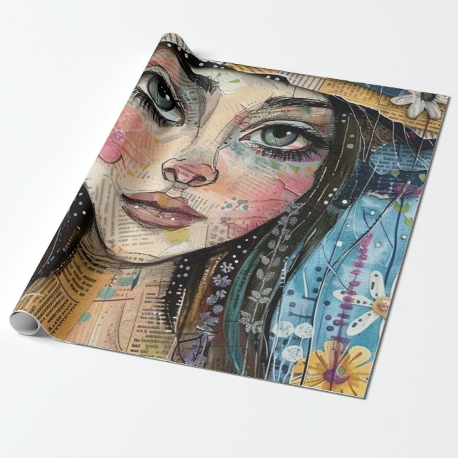 Papier Cadeau Portrait d'art en collage multimédia (3) (Déroulé)