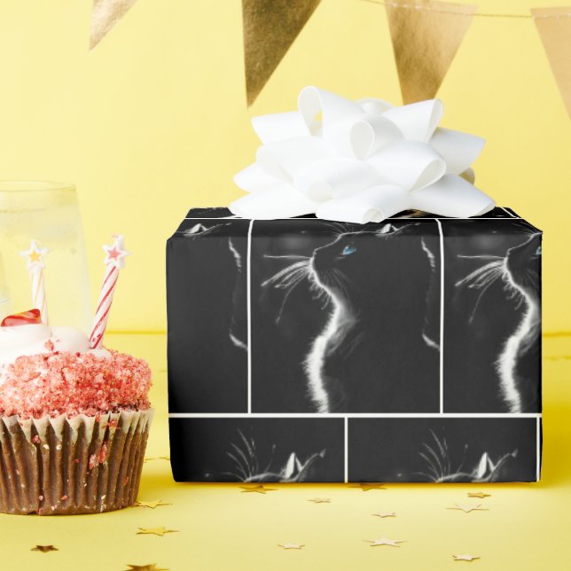 Papier Cadeau Portrait De Chat Noir Avec Oeil Bleu (Fête d'anniversaire)