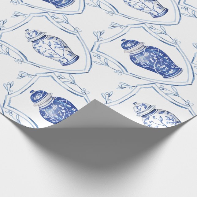 Papier Cadeau Pot à gingembre bleu et blanc de style chinoiserie (Coin)