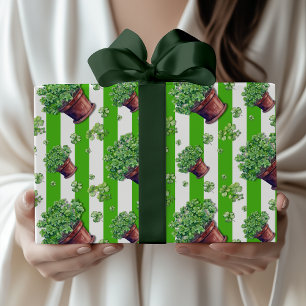 Papier Cadeau Pot de trèfle rayé vert vintage Kelly
