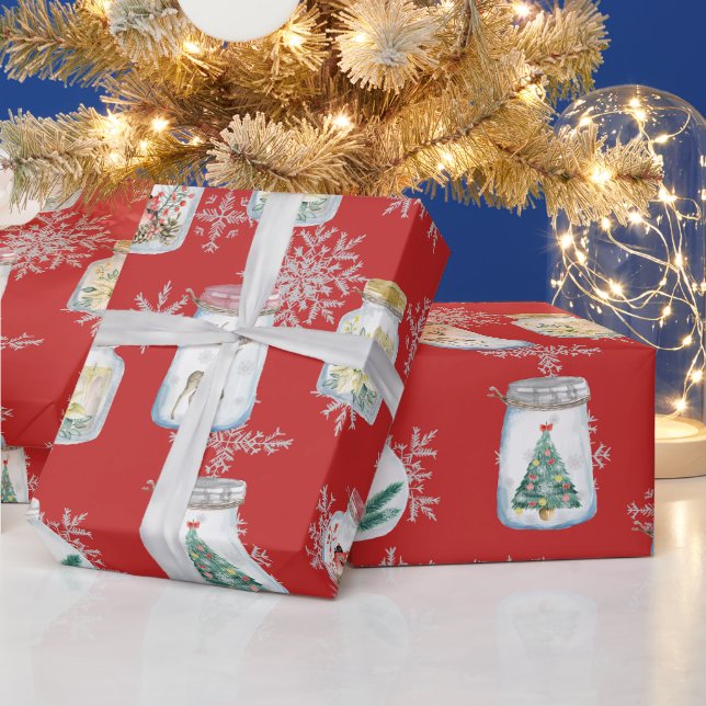 Papier Cadeau Pots de Noël et flocons de neige rouges   (Vacances)
