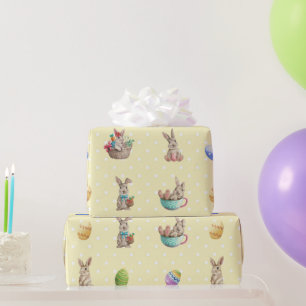 Papier Cadeau Poubelles de Pâques et oeufs colorés Pois Jaune