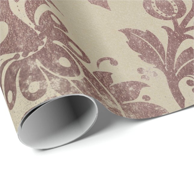 Papier Cadeau Poudre florale Grungy Damask Sepia Ivory Rose Gold (Coin rond)