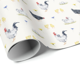Papier Cadeau Poules, coqs et poussins d'aquarelle de style agri