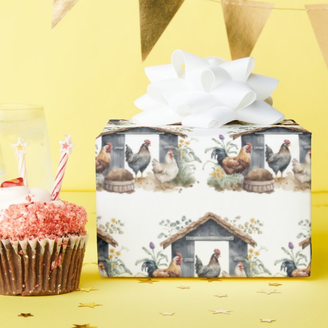 Papier Cadeau Poulet d'aquarelle en coop (Fête d'anniversaire)