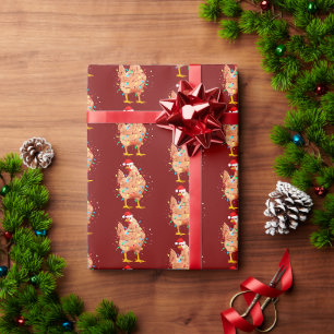 Papier Cadeau Poulet de Noël chapeau rouge Noël