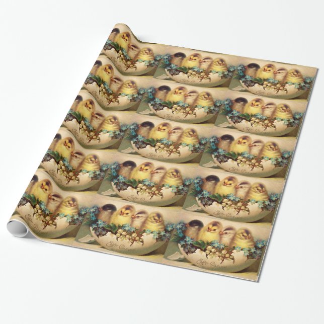 PAPIER CADEAU POULET, FLEURS ET OEUFS DE PÂQUES (Déroulé)