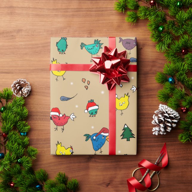 Papier Cadeau Poulets de Noël léger or (Cadeau de vacances)