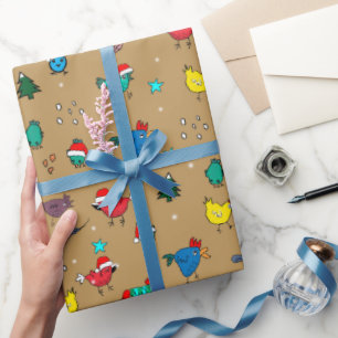 Papier Cadeau Poulets de Noël sur papier d'emballage en or