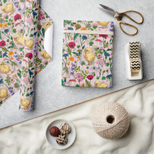 Papier Cadeau Poulets et fleurs sauvages sur coton bonbon rose