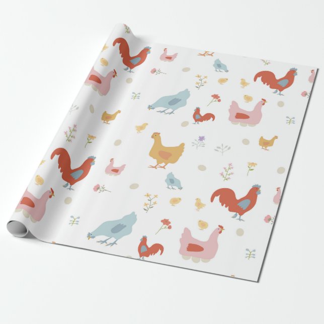 Papier Cadeau Poulets Mignons Poules et Poussins (Déroulé)