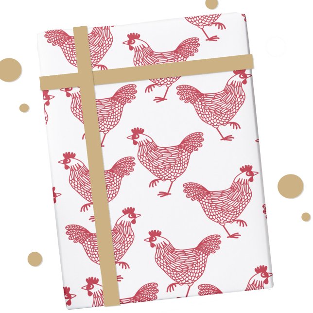 Papier Cadeau Poulets rouges Hen (Chicken hen poultry red and white gift wrap paper roll)