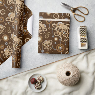 Papier Cadeau Poulpe Steampunk Rétro Fantastique Mécanique