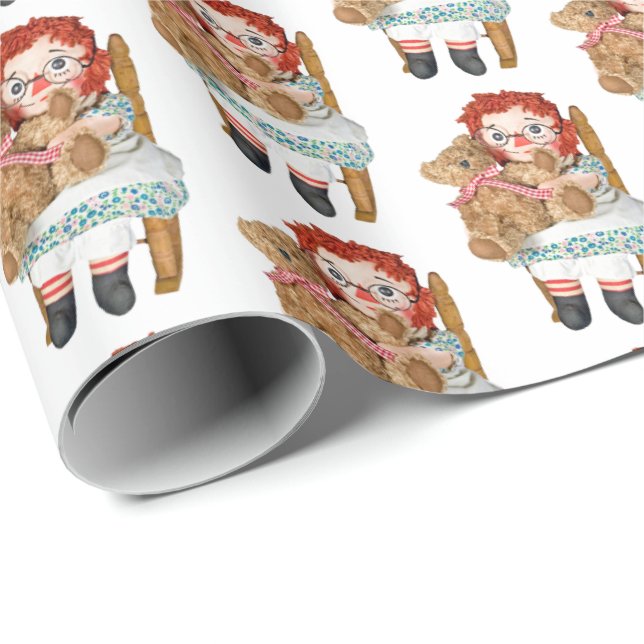 Papier Cadeau poupée de vieux chiffon avec ours en peluche (Coin rond)