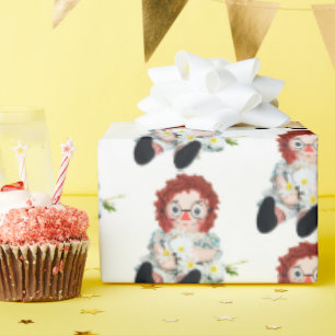 Papier Cadeau Poupée Rag rétro avec bouquet marguerrier